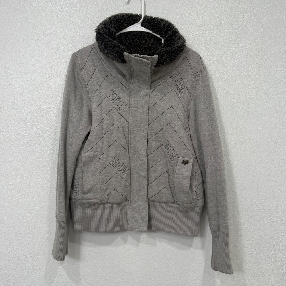 Fox Racing Womens Gray Quilted‎ Faux Fur Collar Zip Up Jacket Embroidered Logo M